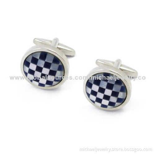 Brass Cufflinks with Blue Opals & Mop and Plating White Steel (Nickel-Free)